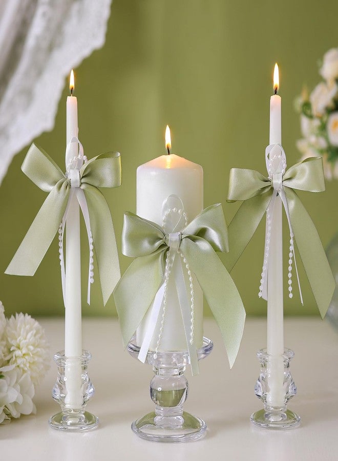 Conelist 3 Pcs Unity Candles with Satin Bow and Glass Candle Holder Boho Wedding Unity Pillar Candle Set Wedding Ceremony Reception Candles Decor for Formal Events Church(Sage Green) - Image 1